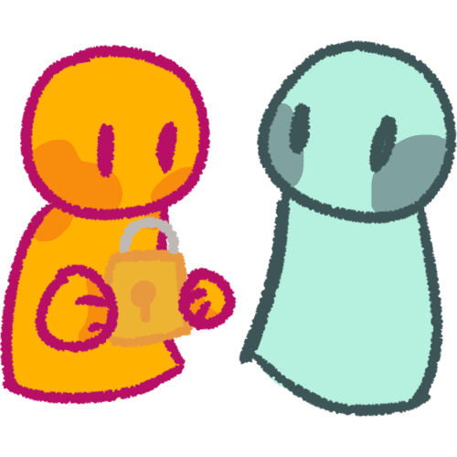 a yellow person holding a golden lock. They are looking at a light blue person.